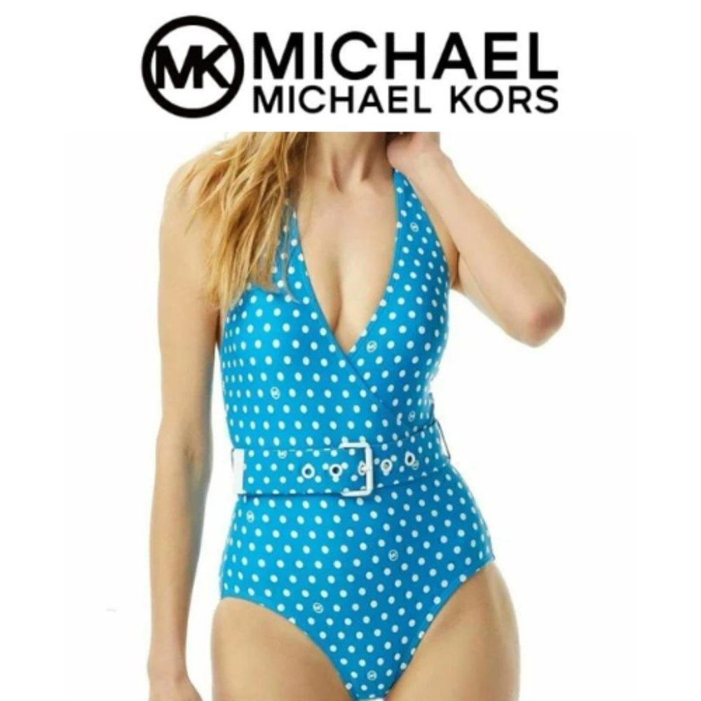 MICHAEL KORS blue Dot  Belted Halter One-Piece Swimsuit Size 4